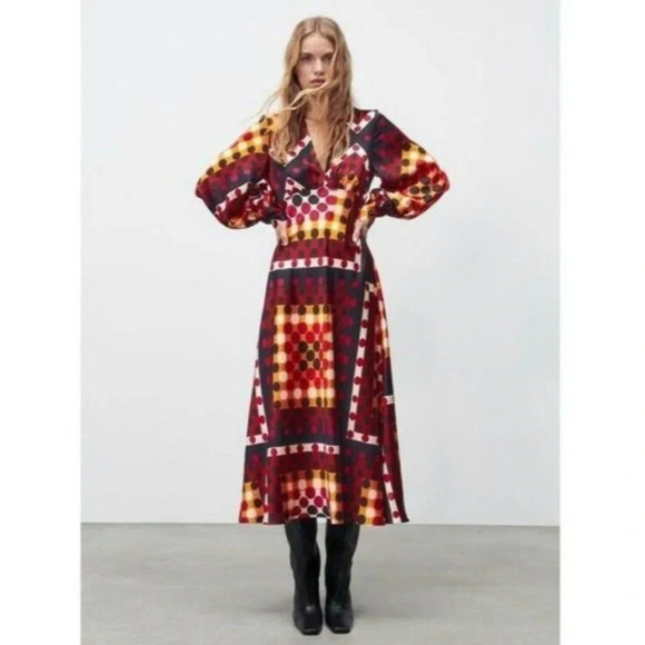 ZARA Retro 70s MIDI Dress Satin Effect Polka Dot Earth Tones, Size Small NWT - Picture 1 of 16